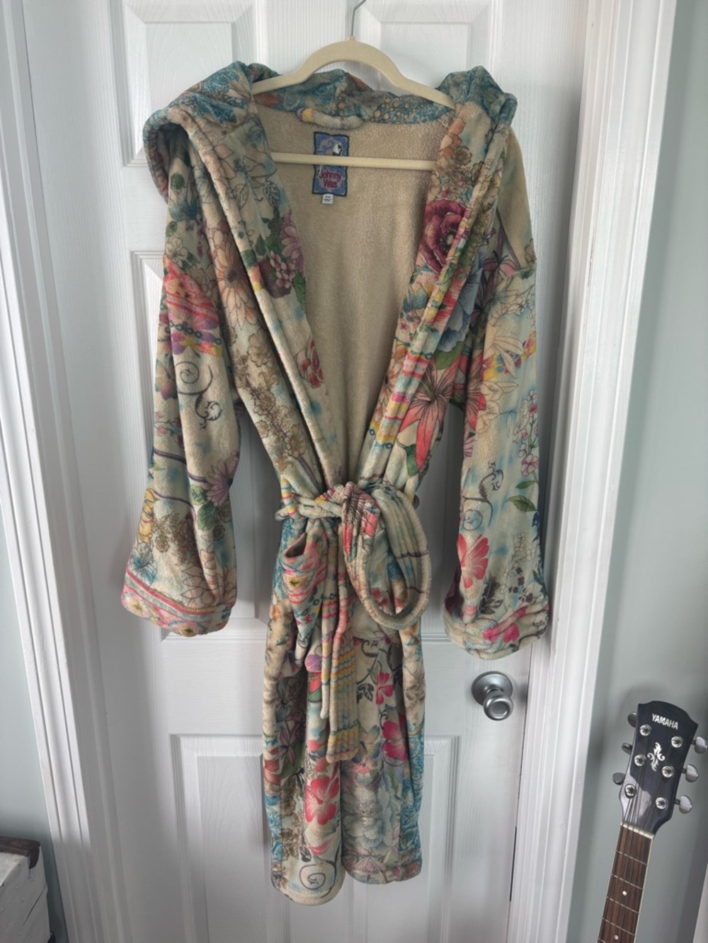 Johnny Was Hooded Floral Plush Robe in Cream, Pink, Blue, Green